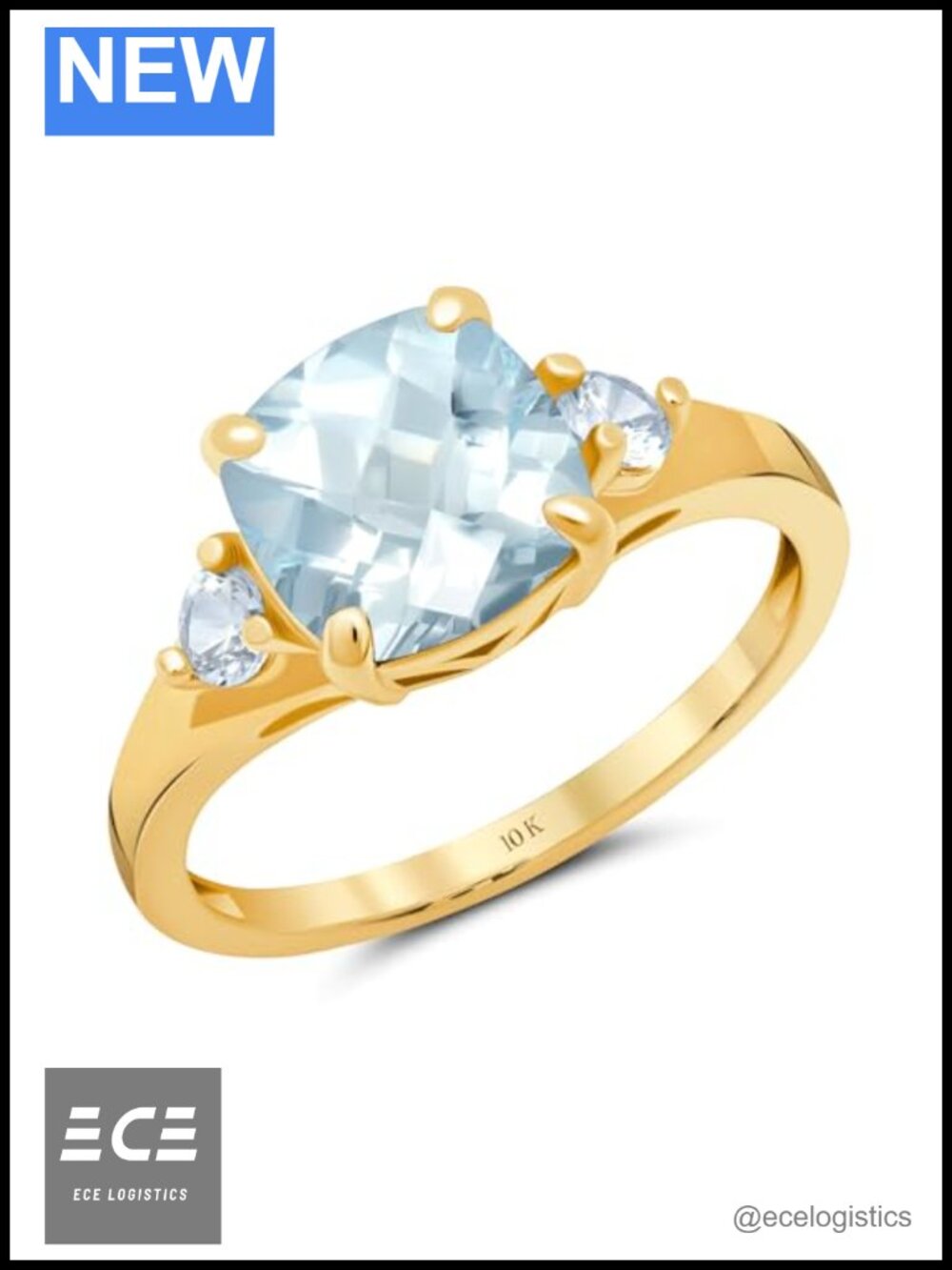 10K Yellow Gold Three Stone Aquamarine Ring Women Size 7